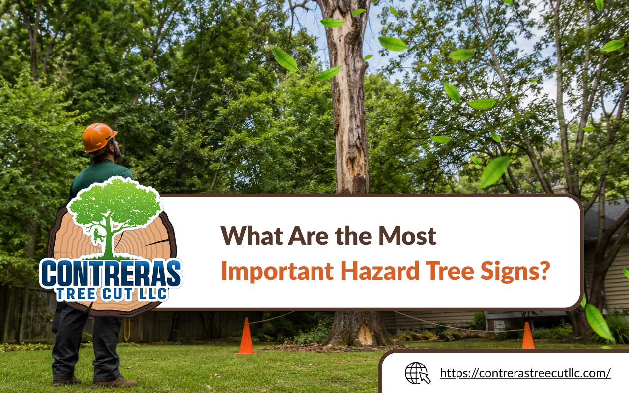 Visible hazard tree warning signs during an August property inspection