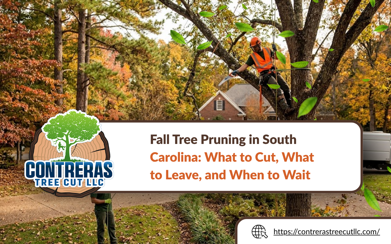 Tree service crew pruning branches during fall at a South Carolina property