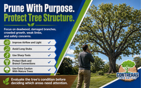 Mature tree inspection emphasizing careful pruning, clean cuts, improved airflow, protected branch connections, and balanced structure