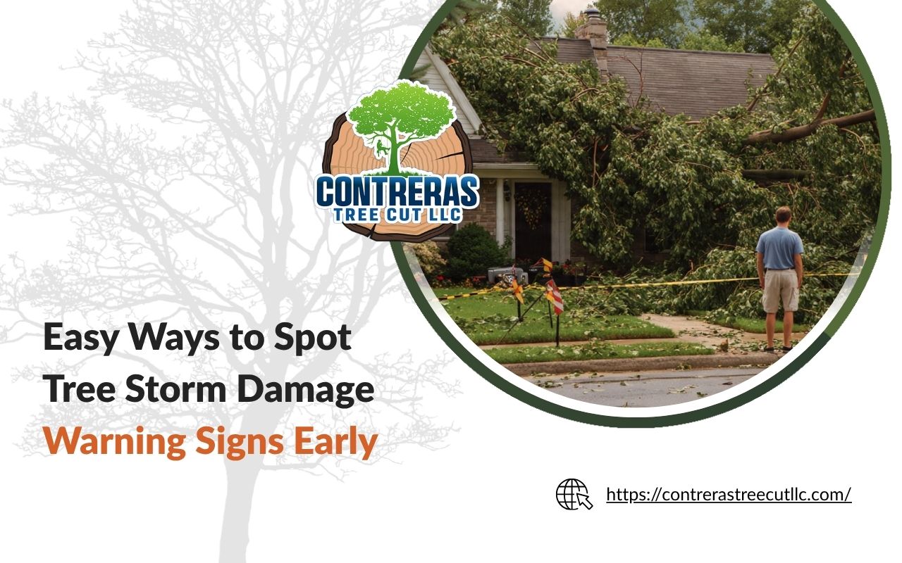 Homeowner checking tree storm damage warning signs in a front yard before a storm