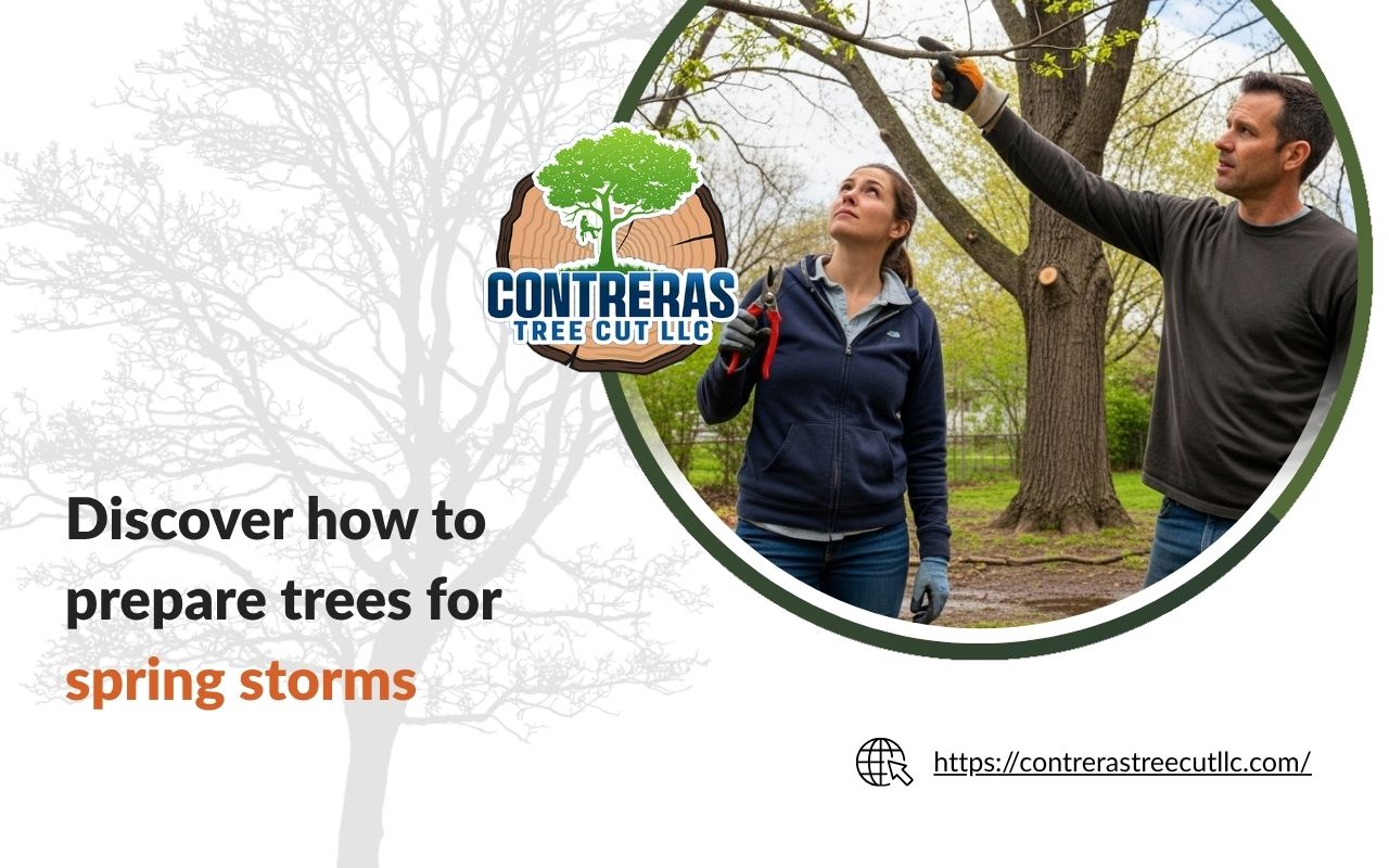 Homeowner learning how to prepare trees for spring storms in the yard