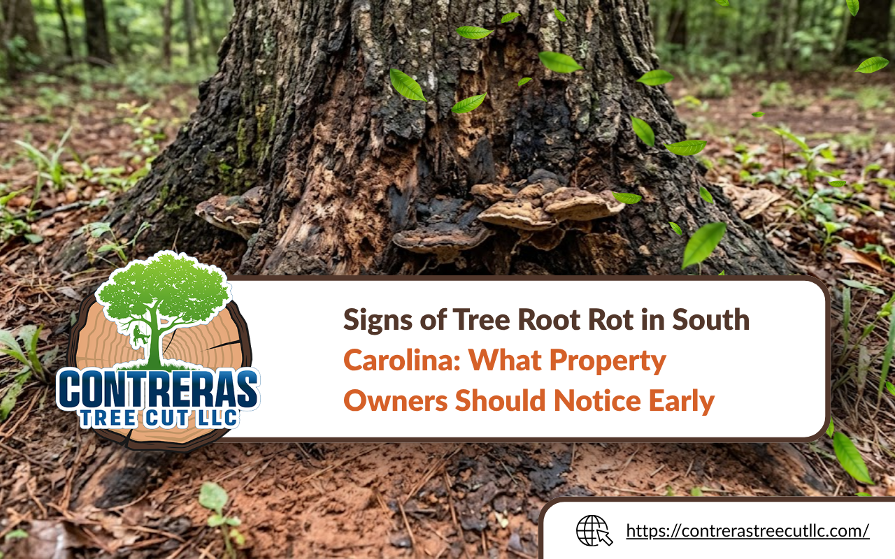 Tree base showing decay and possible root rot symptoms in South Carolina soil
